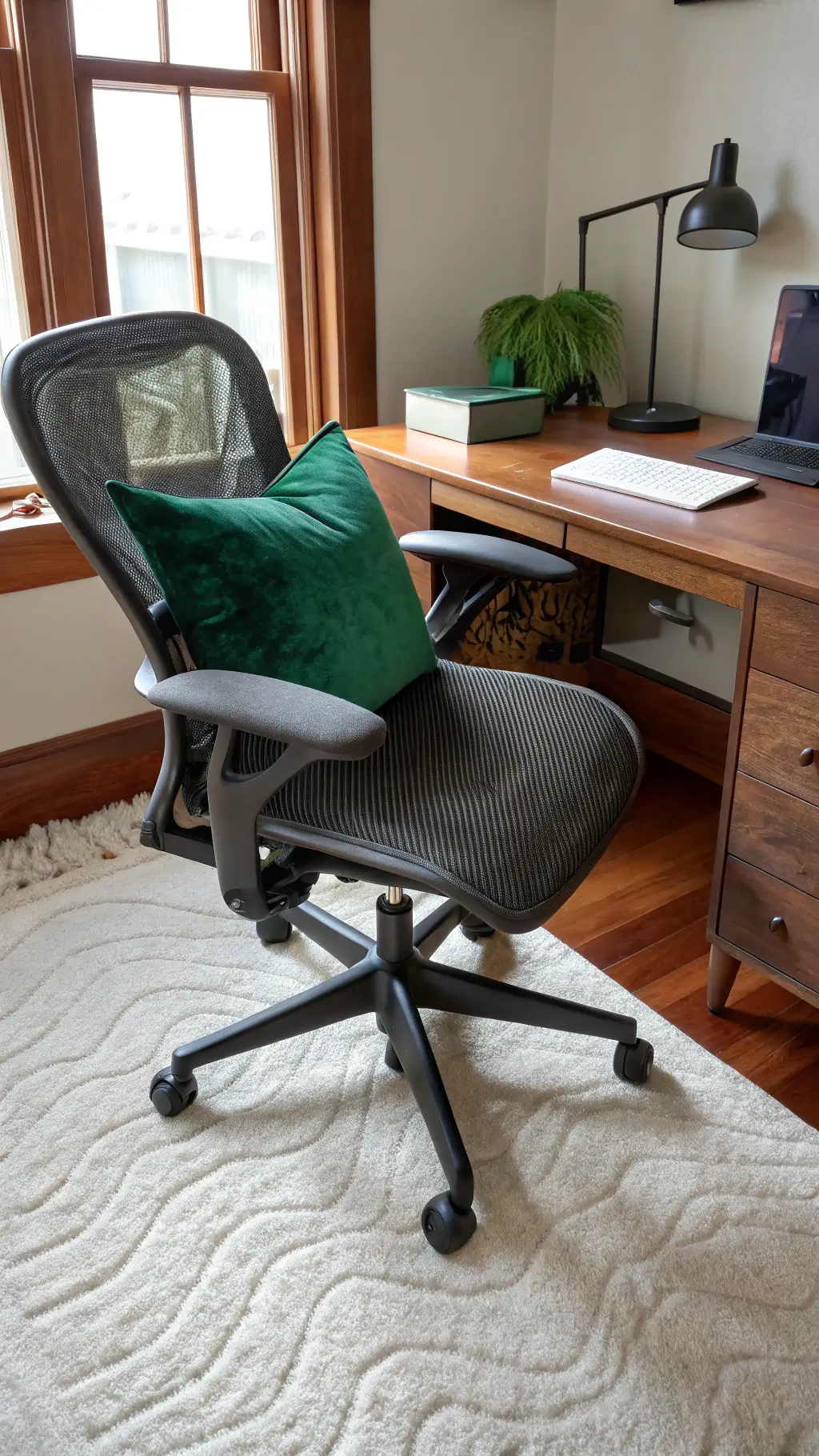 Ergonomic workspace with a charcoal gray Aeron chair on a cream Moroccan rug, enhanced by an emerald green velvet lumbar pillow, captured with wide-angle lens under soft northern light. decorating a desk at home