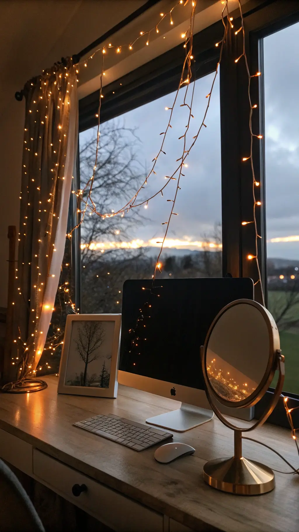 A cozy desk setup featuring a 27-inch monitor framed by delicate copper wire fairy lights, casting a warm glow. A 12-inch round brass mirror reflects natural light. The scene has a moody evening ambiance with a dreamy bokeh effect, emphasizing twinkling lights. decorating a desk at home