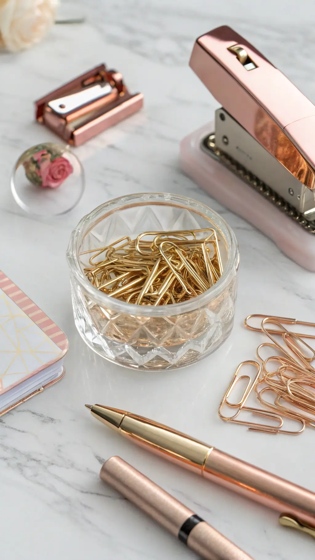 A close-up image of elegantly arranged desk accessories on a white marble surface, featuring gold paper clips in a crystal dish, a copper stapler, and a rose gold pen holder, all highlighted by a ring light that enhances the metallic finishes and textures. decorating a desk at home
