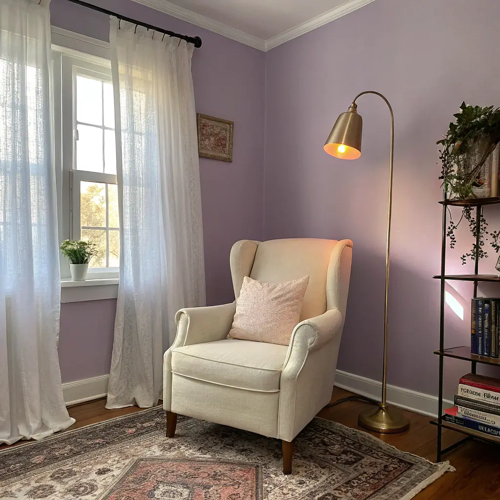 A cozy bedroom corner with a lavender accent wall, cream wingback chair, sheer white curtains, brass lamp, and Persian rug, accented by books and a vase with dried lavender.