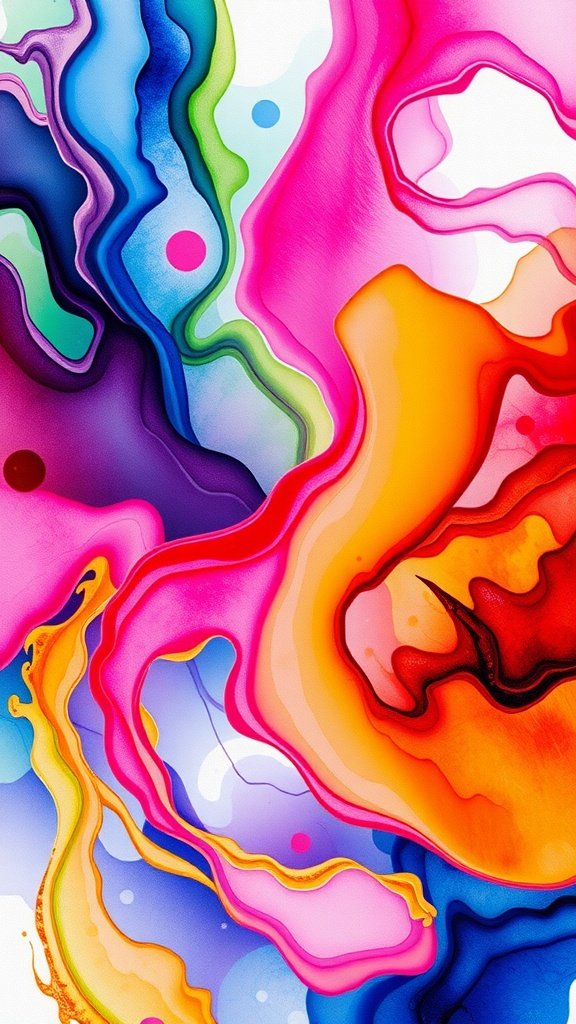 Colorful abstract watercolor swirls with shades of pink, blue, and yellow