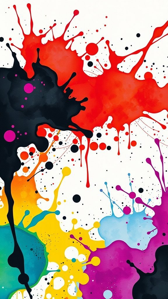 Colorful artistic ink splashes in various vibrant colors on a white background.
