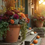 A grand autumn porch planter arrangement featuring weathered terracotta pots on wooden crates with deep purple and rust-orange chrysanthemums, miniature white pumpkins, cascading English ivy, Purple Fountain Grass, burgundy Heuchera, silvery ornamental kale, and Sweet Potato Vine in warm golden hour light.