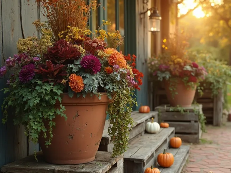 A grand autumn porch planter arrangement featuring weathered terracotta pots on wooden crates with deep purple and rust-orange chrysanthemums, miniature white pumpkins, cascading English ivy, Purple Fountain Grass, burgundy Heuchera, silvery ornamental kale, and Sweet Potato Vine in warm golden hour light.