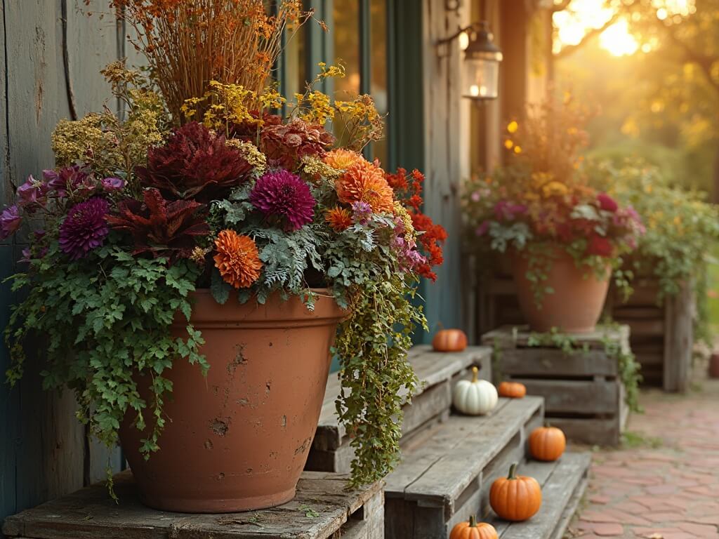 A grand autumn porch planter arrangement featuring weathered terracotta pots on wooden crates with deep purple and rust-orange chrysanthemums, miniature white pumpkins, cascading English ivy, Purple Fountain Grass, burgundy Heuchera, silvery ornamental kale, and Sweet Potato Vine in warm golden hour light.
