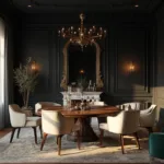 A hyperrealistic photo of a dramatic and opulent black dining room with moody lighting; features a black-painted interior with golden hour sunlight, an oval walnut dining table, cream bouclé chairs, a brass Sputnik chandelier, vintage brass wall sconces, and a large antique mirror. The space includes an emerald velvet chair, marble fireplace, large abstract art, fiddle leaf fig, Persian rug, and crystal decanters, all under a white coffered ceiling.