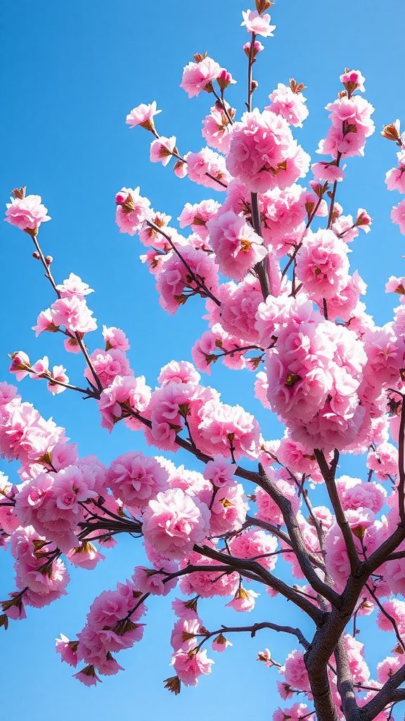 Cherry blossoms in full bloom against a clear blue sky