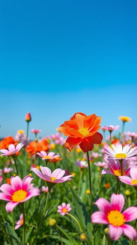A vibrant field of blooming flowers including orange and pink daisies under a blue sky.