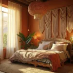 Sunlit bohemian bedroom with rattan bed, vintage textiles, woven light fixture, macramé hangings, layered rugs, brass lanterns, ceramic vessels, trailing plants, sheer curtains, and dust particles at golden hour.