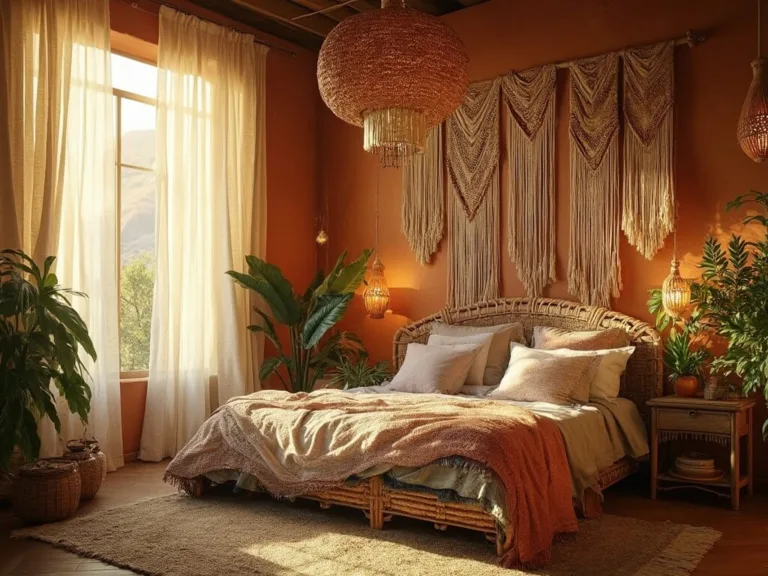 Sunlit bohemian bedroom with rattan bed, vintage textiles, woven light fixture, macramé hangings, layered rugs, brass lanterns, ceramic vessels, trailing plants, sheer curtains, and dust particles at golden hour.