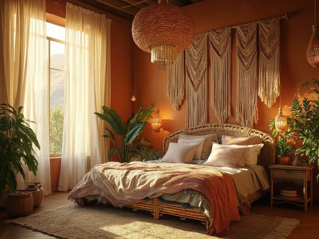Sunlit bohemian bedroom with rattan bed, vintage textiles, woven light fixture, macramé hangings, layered rugs, brass lanterns, ceramic vessels, trailing plants, sheer curtains, and dust particles at golden hour.