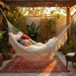 Luxurious backyard hammock sanctuary during golden hour with a handwoven macramé hammock, cream sheepskin throws, rust and indigo kilim pillows, surrounded by bird of paradise plants and cascading ferns, warmly lit by Moroccan lanterns and copper lights.