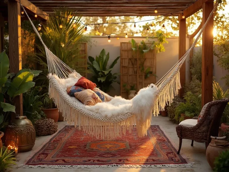Luxurious backyard hammock sanctuary during golden hour with a handwoven macramé hammock, cream sheepskin throws, rust and indigo kilim pillows, surrounded by bird of paradise plants and cascading ferns, warmly lit by Moroccan lanterns and copper lights.