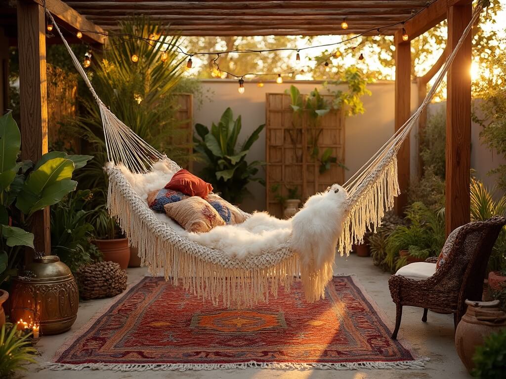 Luxurious backyard hammock sanctuary during golden hour with a handwoven macramé hammock, cream sheepskin throws, rust and indigo kilim pillows, surrounded by bird of paradise plants and cascading ferns, warmly lit by Moroccan lanterns and copper lights.