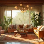 A sunlit living room featuring boho and mid-century modern styles with a camel leather sofa, dusty rose bouclé chairs, and a walnut coffee table on layered vintage rugs, under a brass sputnik chandelier. Large windows with sheer curtains, hanging plants, textured pillows, and macramé wall art enhance the warm, earthy ambiance.