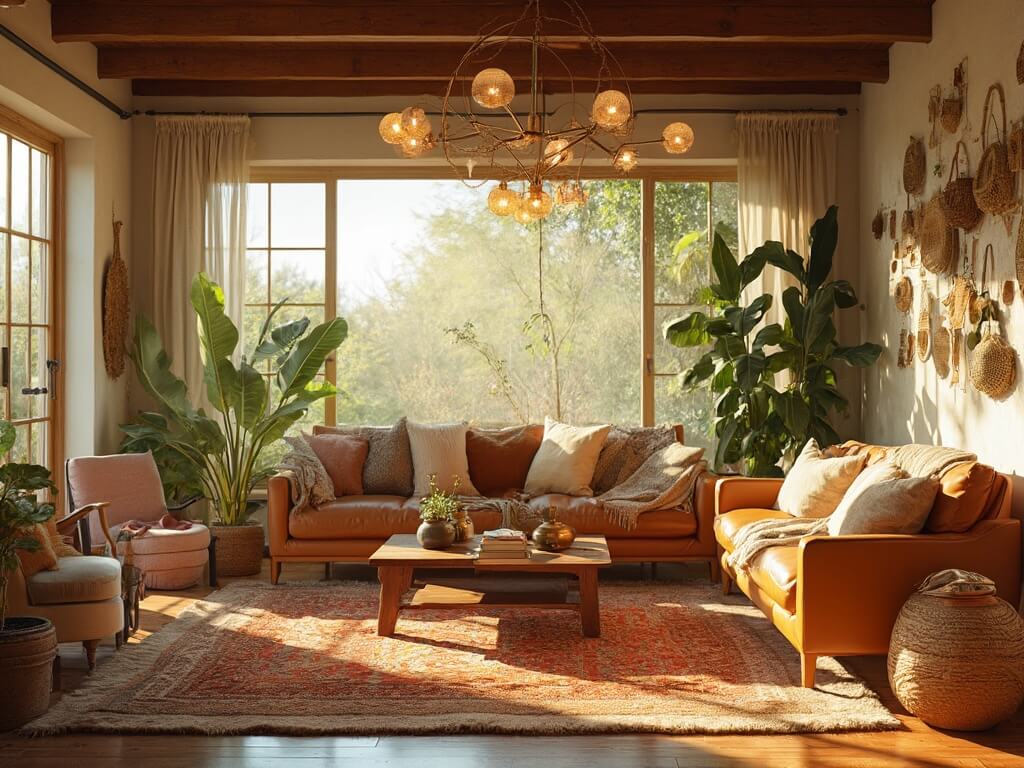 A sunlit living room featuring boho and mid-century modern styles with a camel leather sofa, dusty rose bouclé chairs, and a walnut coffee table on layered vintage rugs, under a brass sputnik chandelier. Large windows with sheer curtains, hanging plants, textured pillows, and macramé wall art enhance the warm, earthy ambiance.