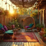 Alt text: "A luxurious boho patio at sunset featuring a rattan peacock chair with jewel-toned cushions, Moroccan lanterns, string lights, vintage kilim rugs, macramé plant hangers, a handwoven hammock, ceramic vessels, and bamboo privacy screens."