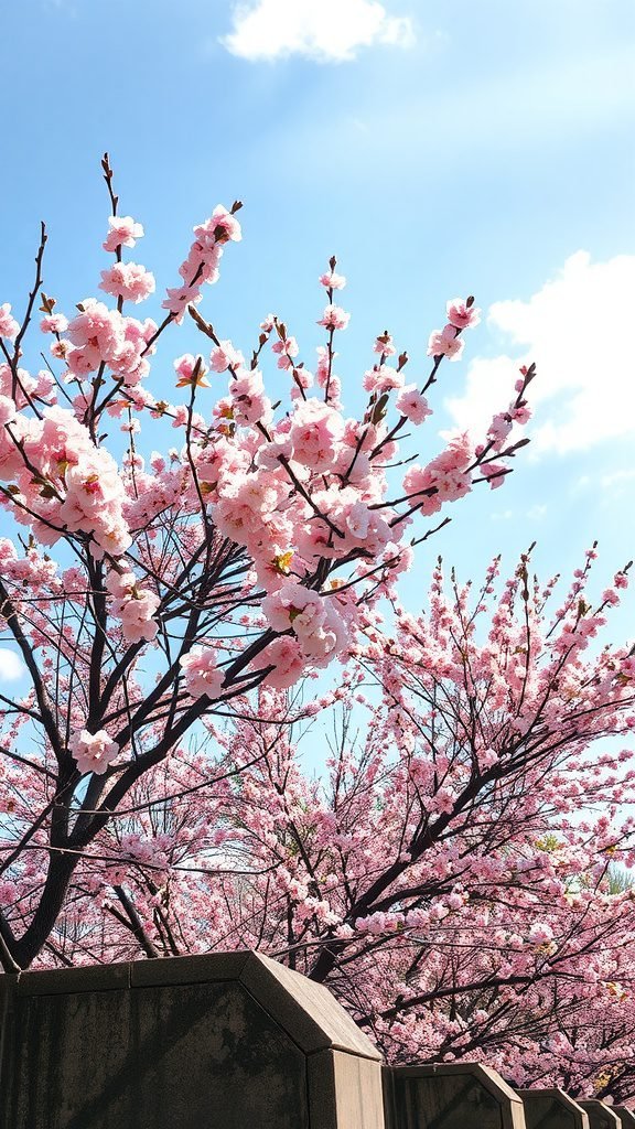 Budding trees with pink blossoms under a blue sky