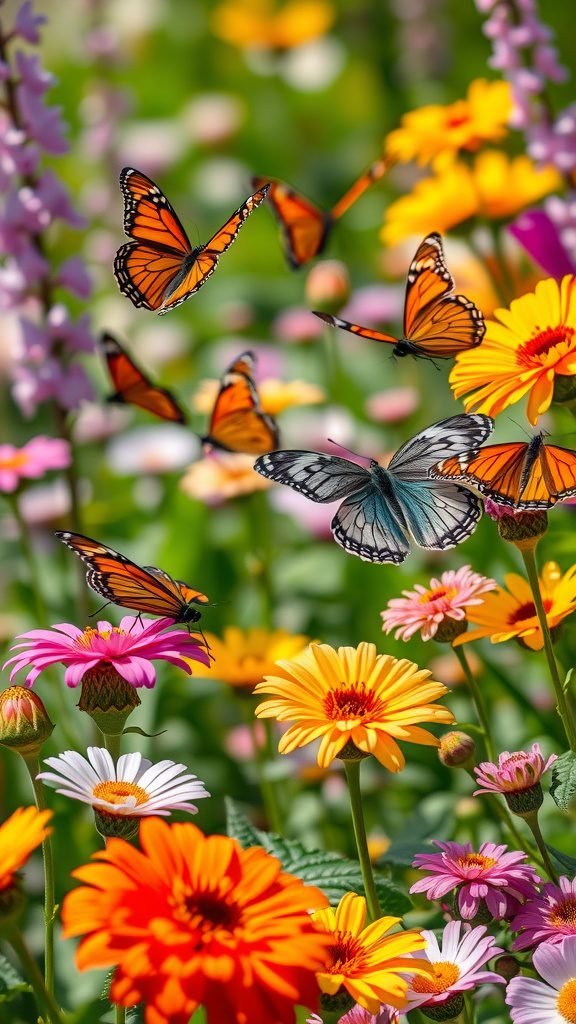 Colorful butterflies flying above blooming flowers in a vibrant garden.