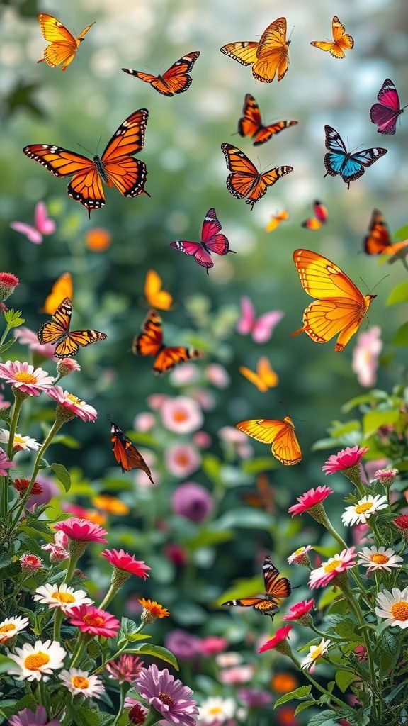 A vibrant scene of butterflies fluttering among colorful flowers in a garden.