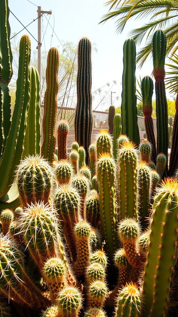 A vibrant cactus garden with various types of cacti, showcasing their unique shapes and textures under bright sunlight.