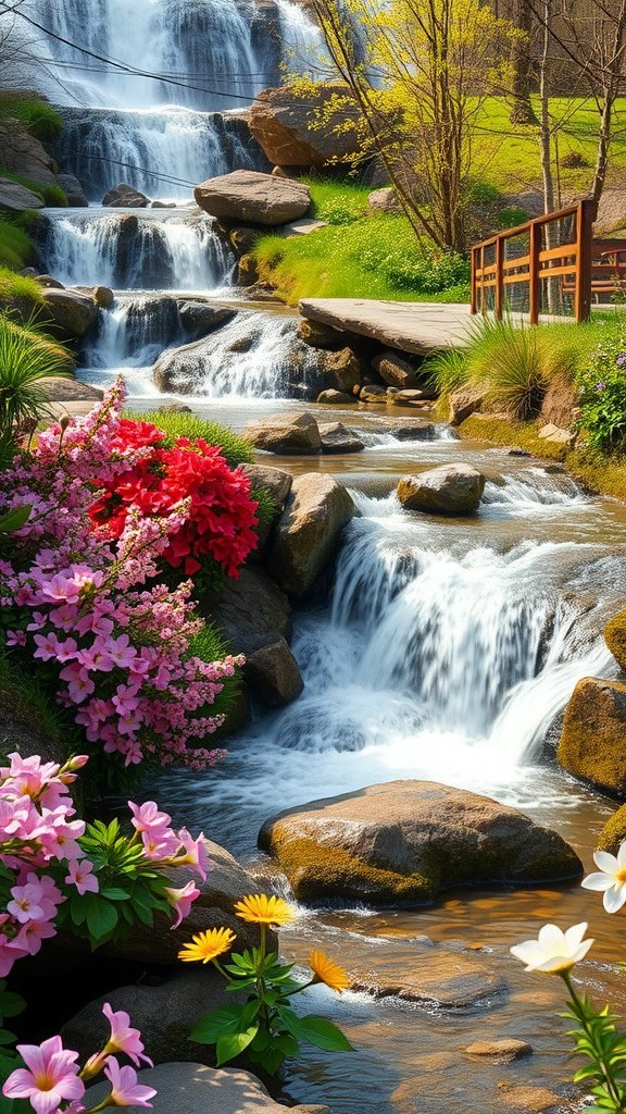 A beautiful scene of cascading waterfalls surrounded by colorful flowers in spring.