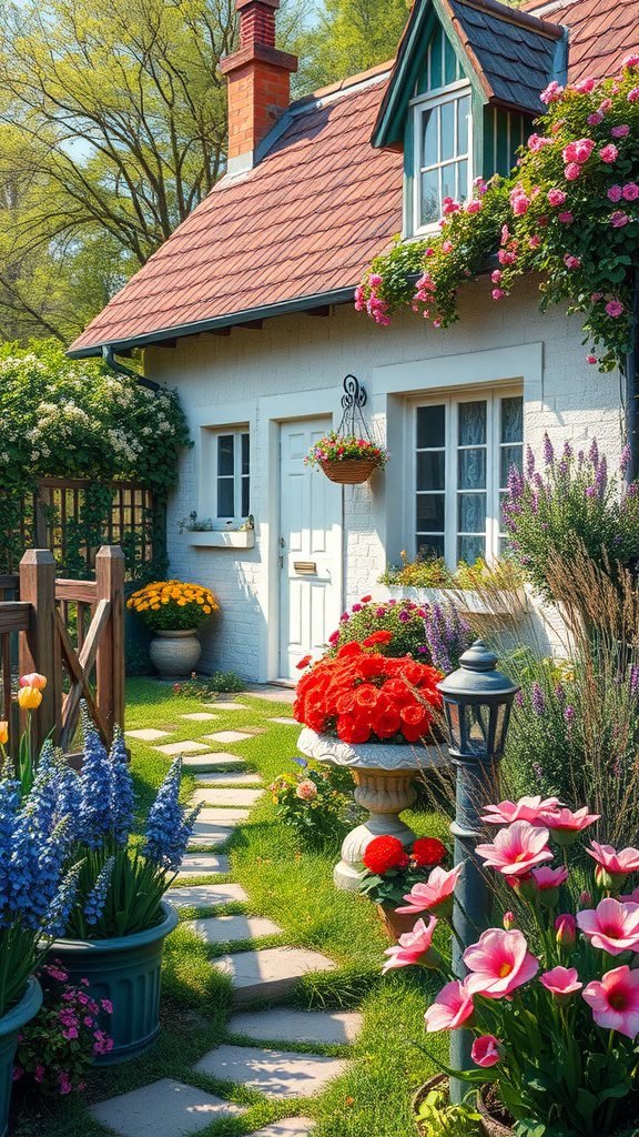 A picturesque cottage garden with colorful flowers and a stone pathway leading to the cottage