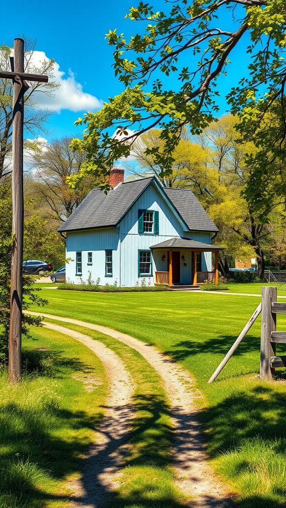 A charming blue farmhouse surrounded by green grass and trees under a bright blue sky.
