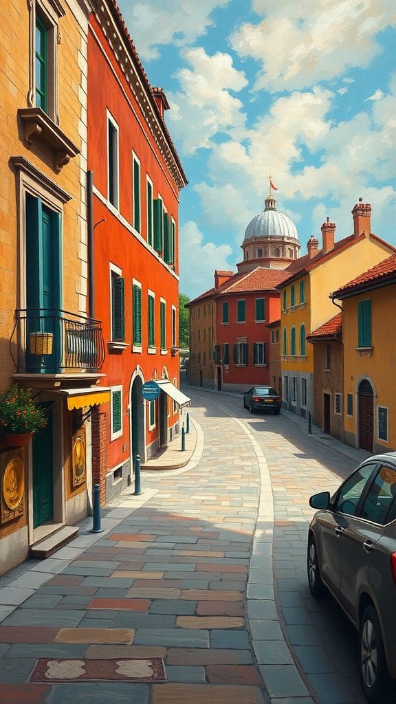 A picturesque street scene featuring colorful buildings and a dome in the background, perfect for a May phone wallpaper.
