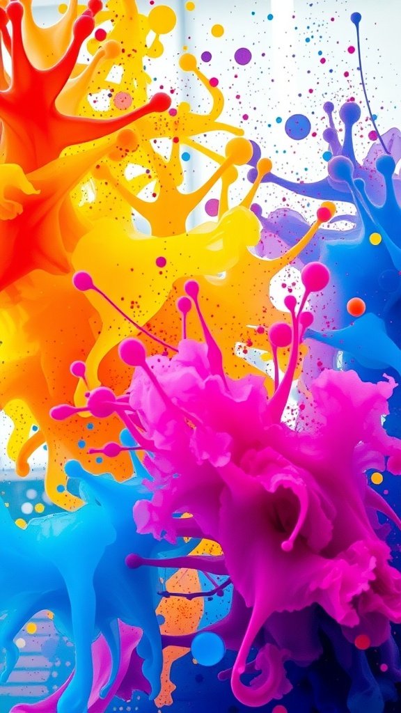 An abstract art piece featuring vibrant splashes of red, yellow, pink, and blue paint on a light background. May Phone Wallpaper