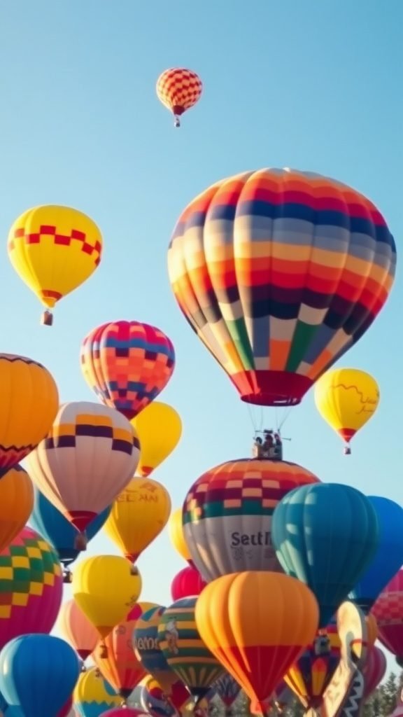 A vibrant display of hot air balloons in various colors and patterns filling the sky. May Phone Wallpaper