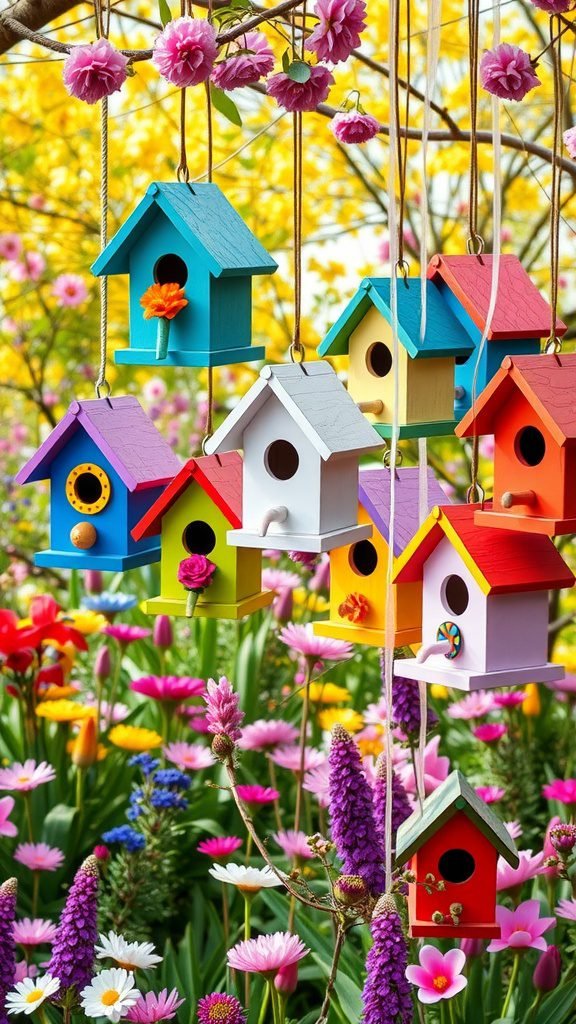 Colorful birdhouses hanging among flowers in a spring garden