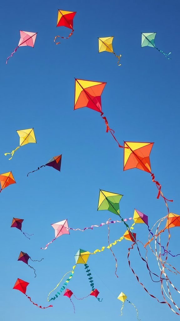 A collection of colorful kites flying in a clear blue sky.