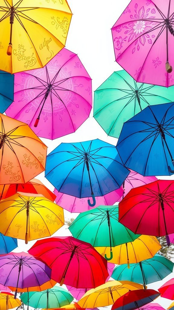 A vibrant array of colorful umbrellas in various shades hanging against a bright sky.
