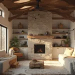 Interior view of a modern rustic cabin with whitewashed pine walls, dark wooden beams, a stone fireplace, walnut dining table, cognac leather armchair, and sheepskin rugs, bathed in golden hour light through large windows. cabin interior
