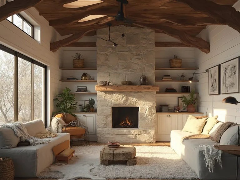 Interior view of a modern rustic cabin with whitewashed pine walls, dark wooden beams, a stone fireplace, walnut dining table, cognac leather armchair, and sheepskin rugs, bathed in golden hour light through large windows. cabin interior