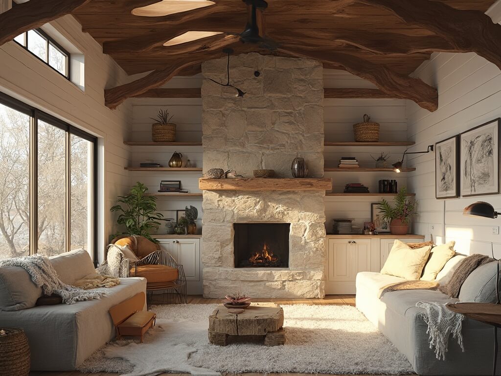 Interior view of a modern rustic cabin with whitewashed pine walls, dark wooden beams, a stone fireplace, walnut dining table, cognac leather armchair, and sheepskin rugs, bathed in golden hour light through large windows. cabin interior