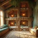 A cozy, treehouse-themed bunk room with built-in wooden bunks in an L-shape, adorned in warm wood tones and sage green, featuring rope ladders, brass reading sconces, and woodland murals under a vaulted ceiling with exposed beams.