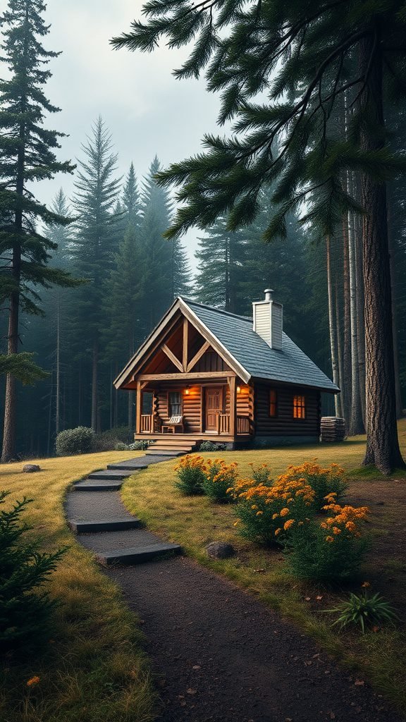A cozy log cabin surrounded by tall trees and flowers, nestled in a peaceful woodlands setting.