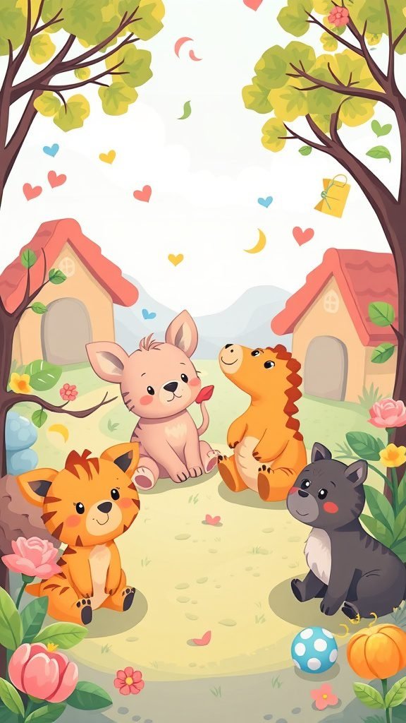 Cute animal illustrations featuring a bunny, dinosaur, tiger, and cat in a vibrant outdoor setting.