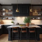 Photorealistic interior of a luxury farmhouse kitchen at twilight, featuring matte black shaker cabinets, brass hardware, white quartz countertops, and a walnut island with leather barstools. Warm under-cabinet lighting, vintage-style pendant lights, and industrial sconces enhance the ambiance. Large French windows, open shelving with white pottery, and rustic accents like woven baskets and copper pots complete the cozy scene.