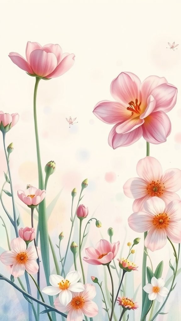 A beautiful arrangement of pink and white flowers in watercolor style, perfect for spring wallpaper on a phone.