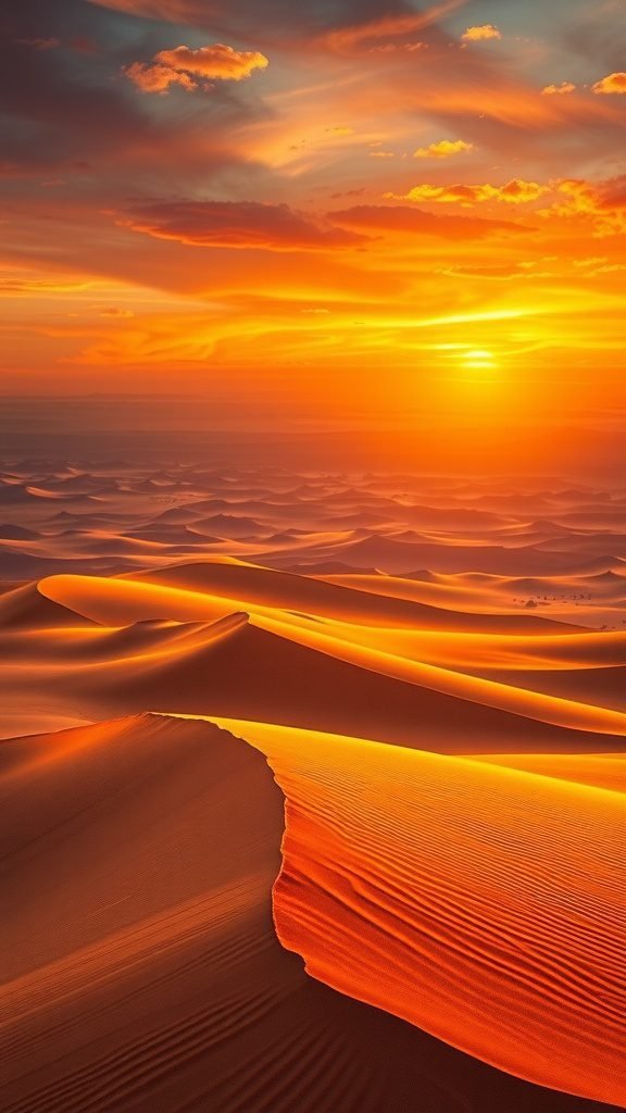 Desert dunes illuminated by sunset with dramatic sky colors