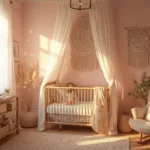 A bohemian nursery during golden hour with a rattan crib, blush pink wall, cream canopy, macramé wall hanging, jute rug, wood changing table with woven baskets, pampas grass, boucle rocking chair with pillows, and fairy lights, with warm sunset light through gauzy curtains.
