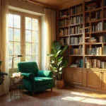 A cozy home library with towering white oak bookshelves, an emerald green velvet chair, and a brass ladder, bathed in golden sun rays through a tall window, complemented by a fiddle leaf fig, Persian rug, and warm lighting.