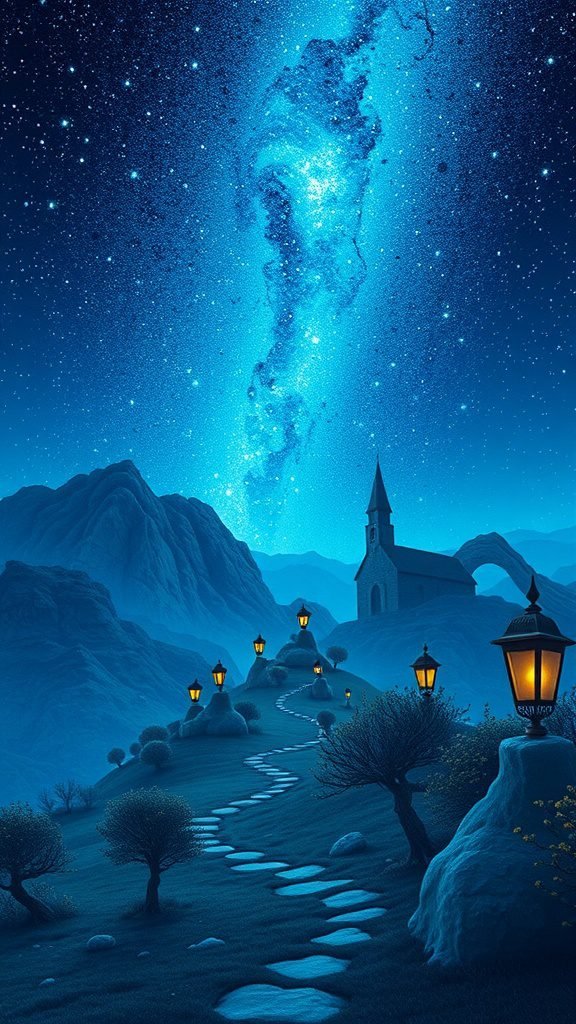 A peaceful starry landscape featuring a winding path, glowing street lamps, and a church under a beautiful galaxy. May Phone Wallpaper