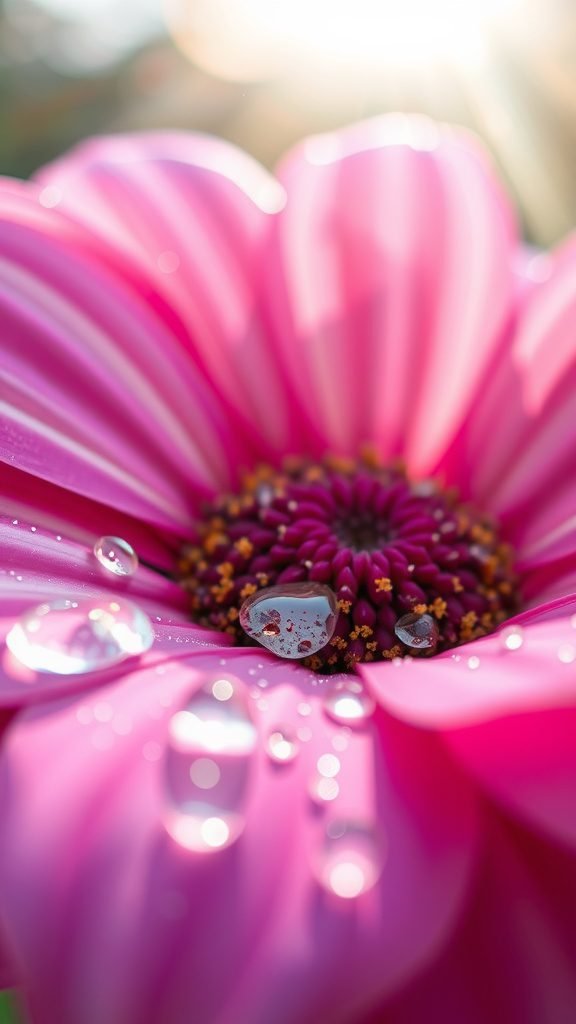 Close-up of a pink flower with dew drops in the early morning light.