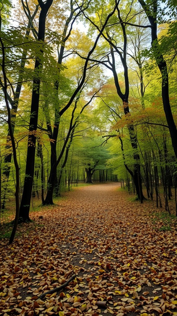 A serene forest path surrounded by tall trees with green and yellow leaves, covered in fallen leaves. May Phone Wallpaper