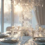 A luxurious dining room featuring a crystal glass table with a platinum trim, adorned with a centerpiece of suspended crystal snowflakes. Elegant place settings with white bone china, crystal stemware, and silver cutlery are on a white silk runner with mirror snowflakes. Warm golden hour lighting complements the winter white, silver, and platinum color palette, with soft focus on the subtle metallic wallpaper and a crystal chandelier above.