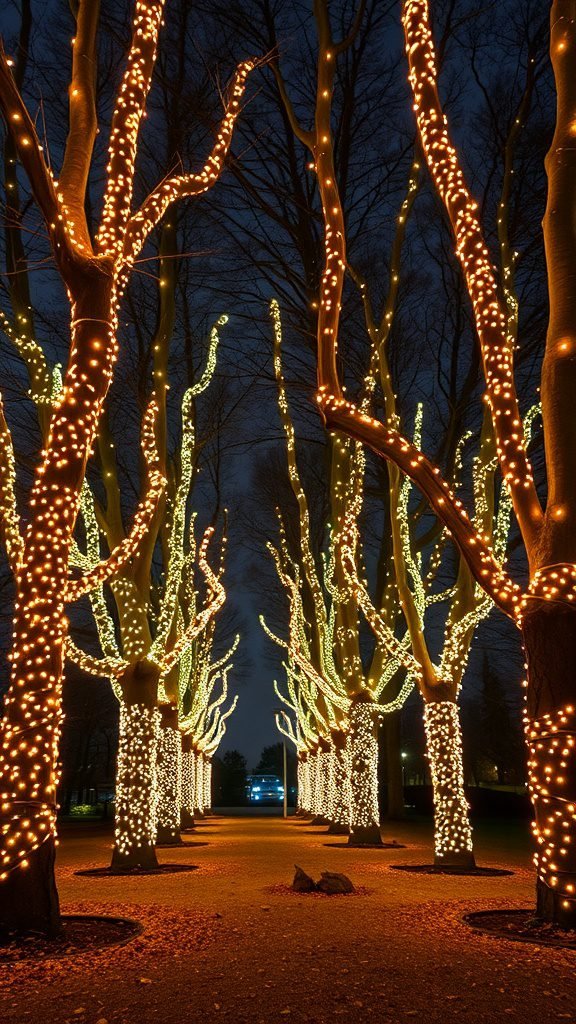 Trees wrapped in fairy lights at night